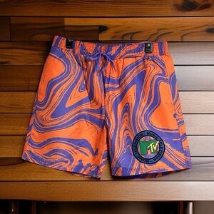 MTV Mens Swim Trunks Mesh Lining Pockets Logo Orange Purple Swirl‎ Print New